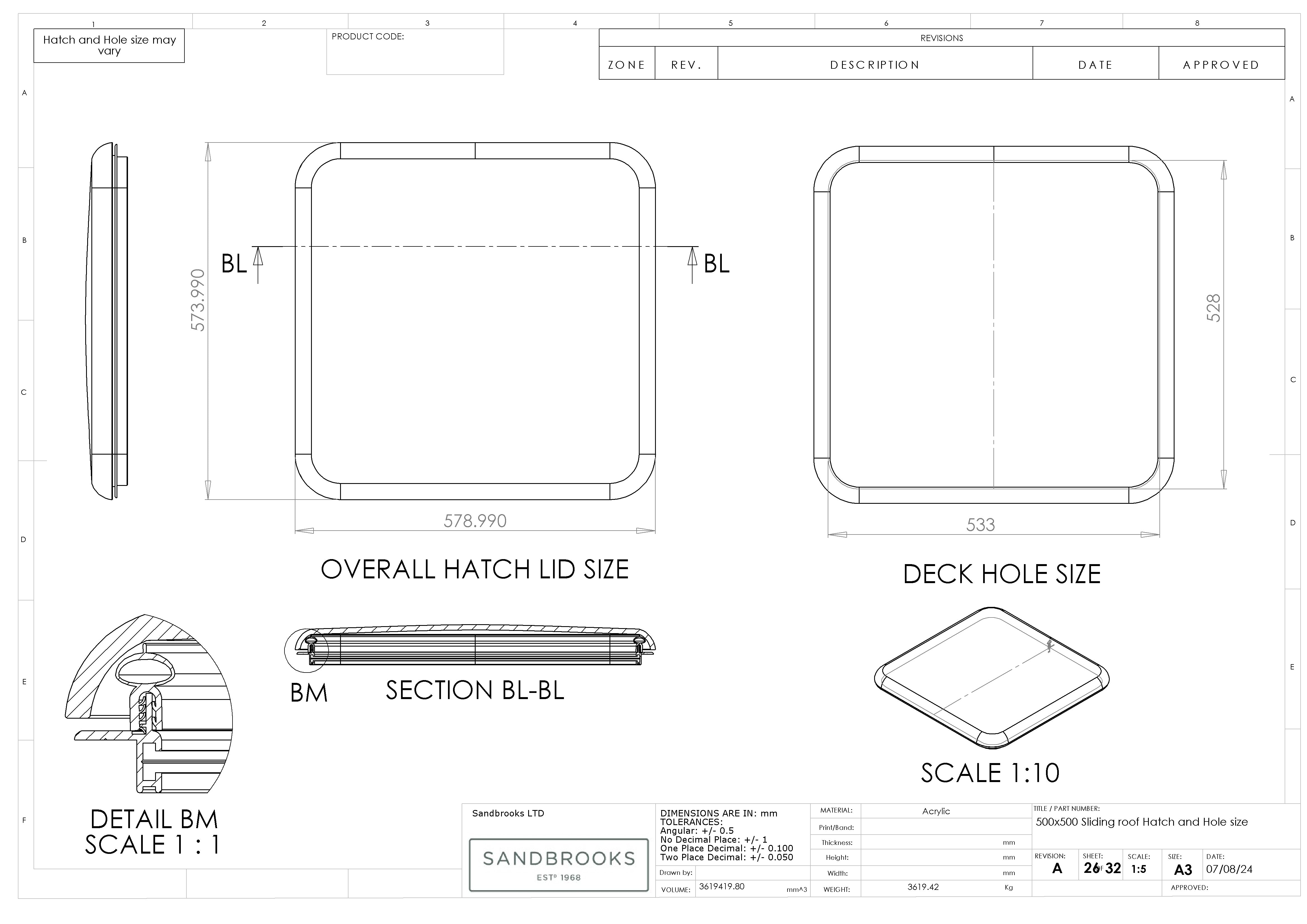 500x500 Sliding Roof Hatch Lid